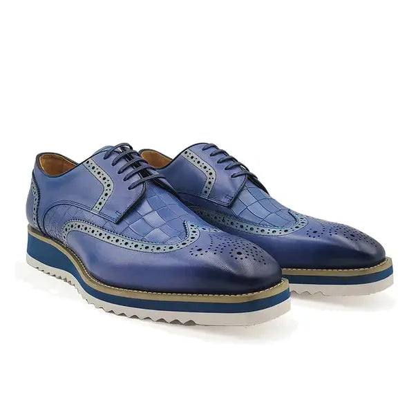 Carrucci Zapatos de vestir de cuero Oxford con cordones azules para hombre