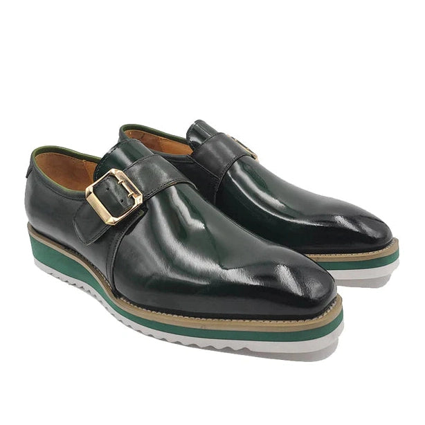 Carrucci Zapatos de vestir de cuero con mocasines sin cordones de charol verde oliva para hombre