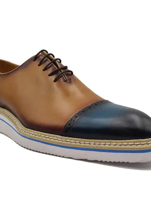 Carrucci Mens Navy & Tan Two Tone Cap Toe Oxford Leather Dress Shoes
