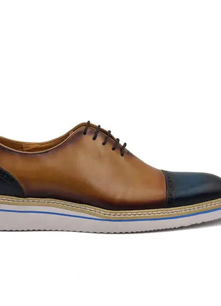 Carrucci Mens Navy & Tan Two Tone Cap Toe Oxford Leather Dress Shoes