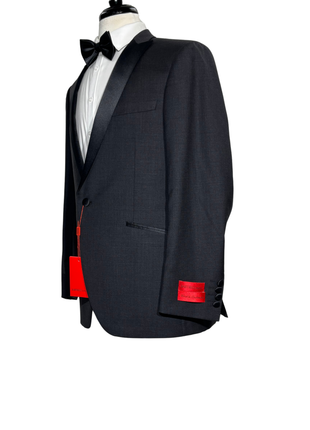 Napoli Mens Charcoal Textured Peak Lapel Classic Fit 1-Button Wool Cashmere Tuxedo with Ticket Pocket - 42S