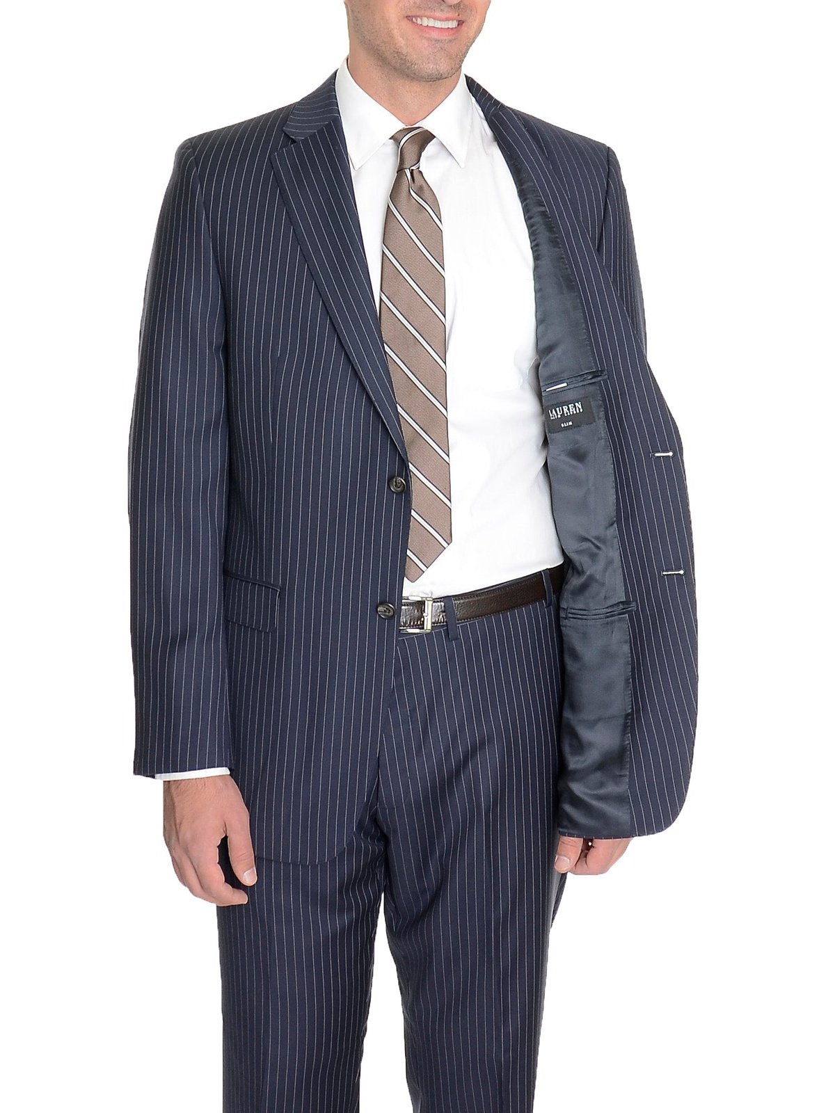 Ralph Lauren Slim Fit  Navy Blue Pinstriped Two Button Wool Suit - The Suit Depot