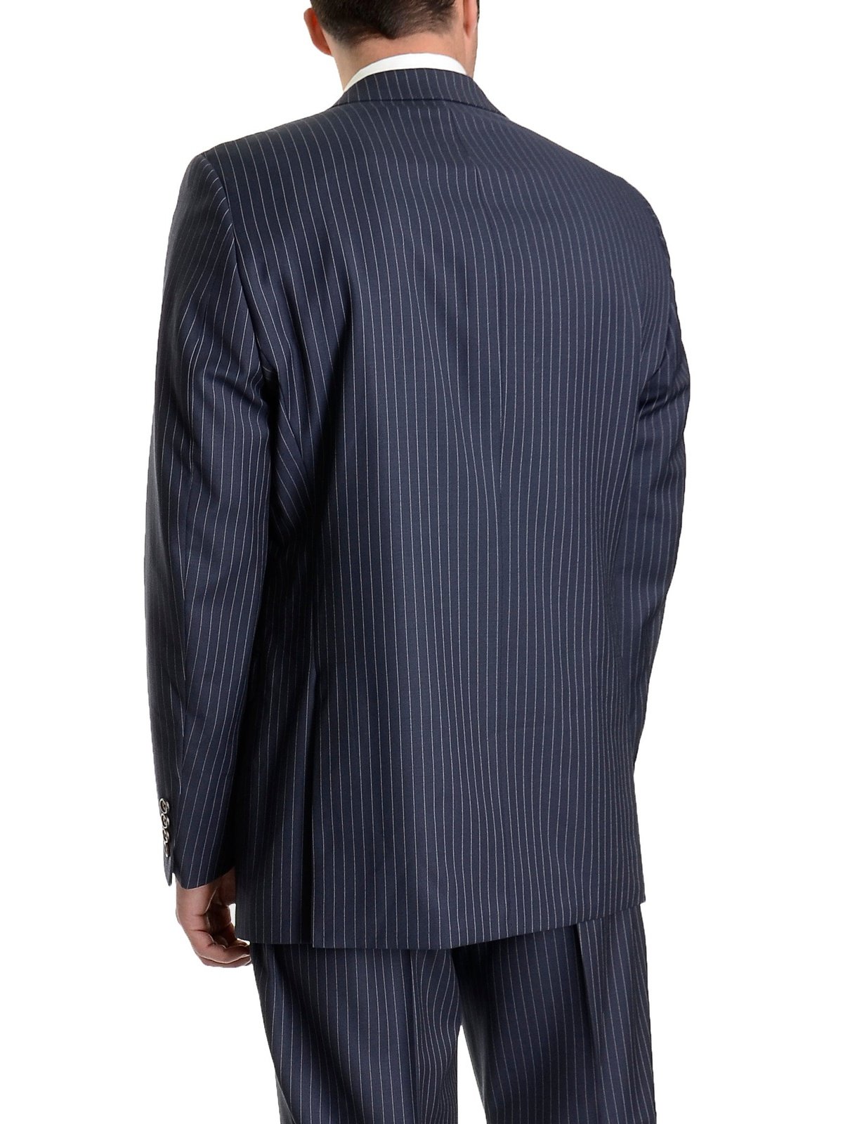 Ralph Lauren Slim Fit  Navy Blue Pinstriped Two Button Wool Suit - The Suit Depot
