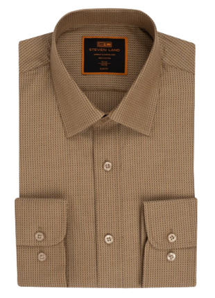 Steven Land Textured Golden Brown Slim Fit Spread Collar Wrinkle Shrink Free Cotton Dress Shirt
