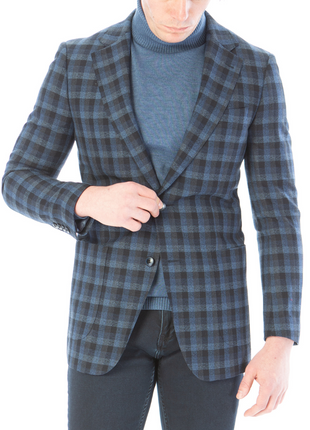Sartoria Mazara Mens Slim Fit Black & Blue Check 100% Wool Blazer Sportcoat