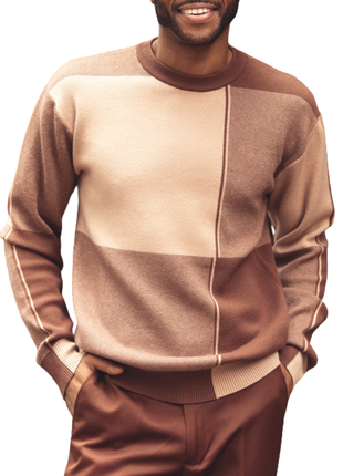 Montique Mens Colorblock Brown Beige Regular Fit Crewneck Cotton Knit Sweater