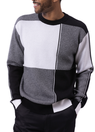 Montique Mens Colorblock Black White Regular Fit Crewneck Cotton Knit Sweater