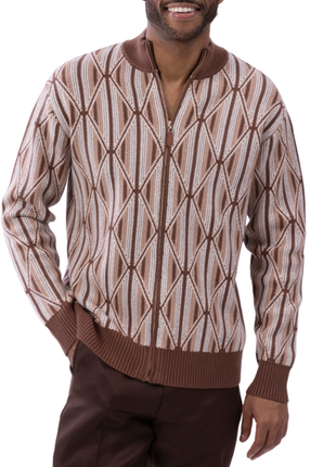 Montique Geometric Diamond Brown Beige Regular Fit Full Zip Cotton Knit Sweater
