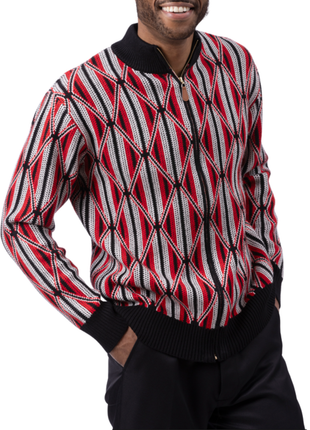 Montique Geometric Diamond Black Ivory Red Regular Fit Full Zip Cotton Knit Sweater