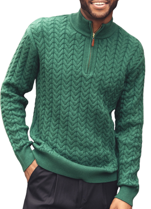 Montique Emerald Green Chevron Cable Regular Fit Quarter Zip Cotton Knit Sweater