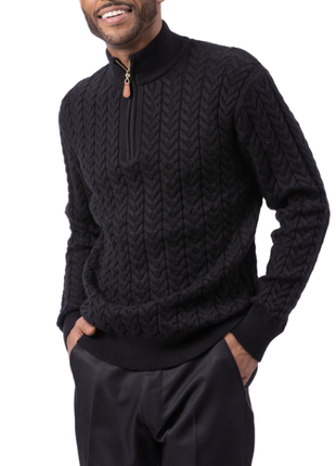 Montique Black Chevron Cable Regular Fit Quarter Zip Cotton Knit Sweater