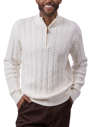 Montique Ivory Chevron Cable Regular Fit Quarter Zip Cotton Knit Sweater