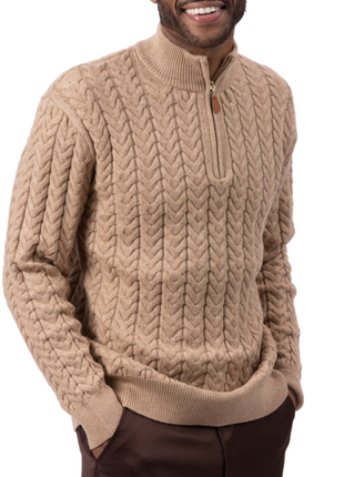 Montique Beige Chevron Cable Regular Fit Quarter Zip Cotton Knit Sweater