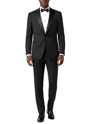 Label E Solid Black One Button 100% Wool Tuxedo Suit With Satin Peak Lapels