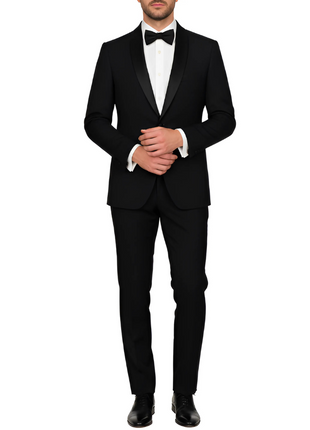 Label E Solid Black One Button 100% Wool Tuxedo Suit With Satin Shawl Lapels
