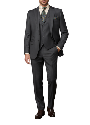 Apollo King Mens Textured Charcoal Gray Classic Fit Peak Lapel 3-Piece Wool Suit