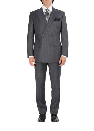 Apollo King Men's Double-Breasted Grey Pinstriped Peak Lapel Classic Fit 3-Piece Suit