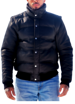 Premium Solid Genuine Leather Puffer Jacket Coat With Removable Sleeves