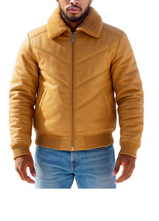 Premium Solid Genuine Leather V-Style Quilted Bomber Jacket Coat