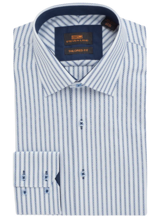 Steven Land Mens Classic Fit White & Navy Blue Striped 100% Cotton Dress Shirt
