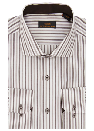 Steven Land Mens Brown Striped Classic Fit 100% Cotton Spread Collar Barrel cuff Dress Shirt