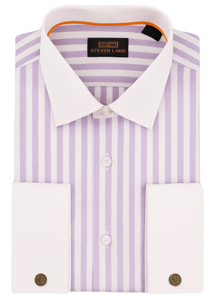 Steven Land Lilac Purple Striped Classic Fit Spread Collar French Cuff Cotton Dress Shirt