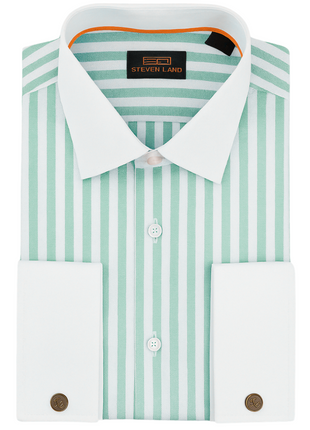 Steven Land Mint Striped Classic Fit Spread Collar French Cuff Cotton Dress Shirt