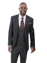 Thumbnail for Kent & Park Green and Red Window Pane Regular Fit Two Button 3 Piece Suit