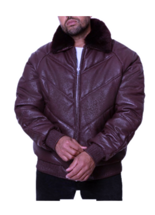Premium Solid Genuine Leather V-Style Quilted Bomber Jacket Coat