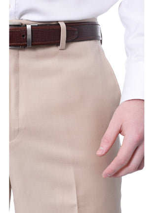 Mens Classic Fit Solid Light Tan Flat Front Wool Dress Pants