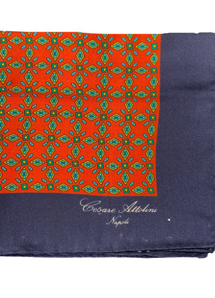 Cesare Attolini Blue Red Motif Silk Pocket Square Handmade In Italy