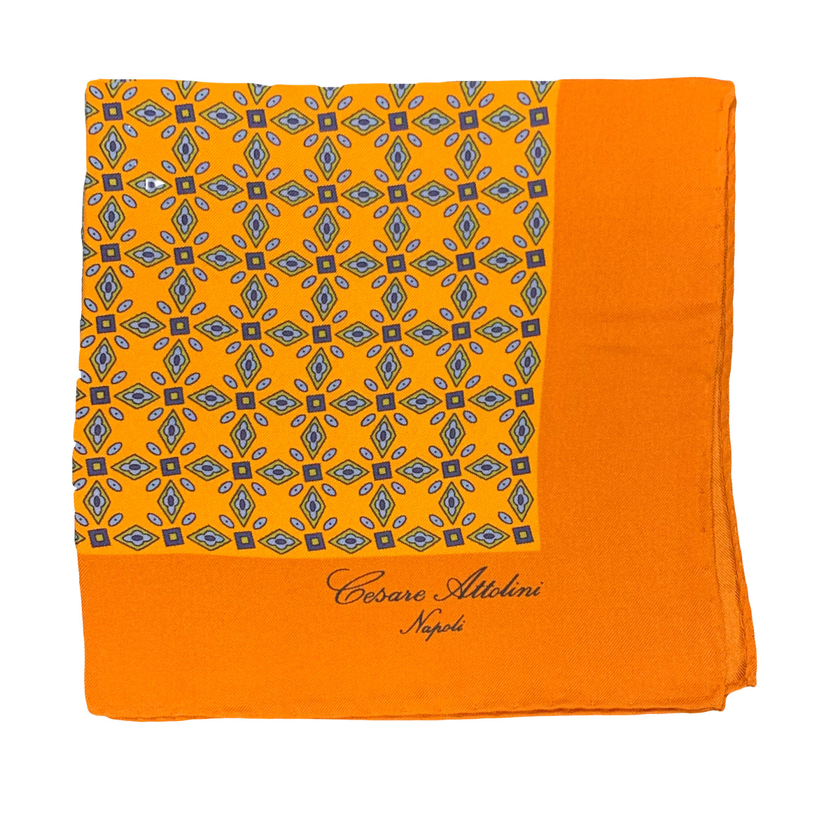 Cesare Attolini Orange Motif Silk Pocket Square Handmade In Italy