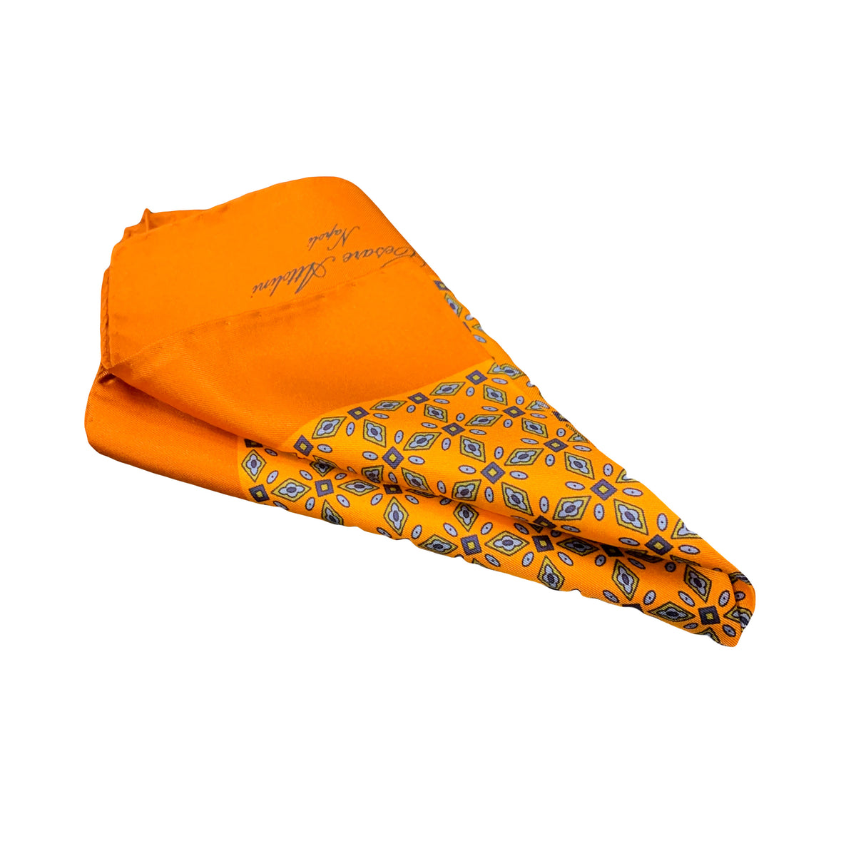 Cesare Attolini Orange Motif Silk Pocket Square Handmade In Italy
