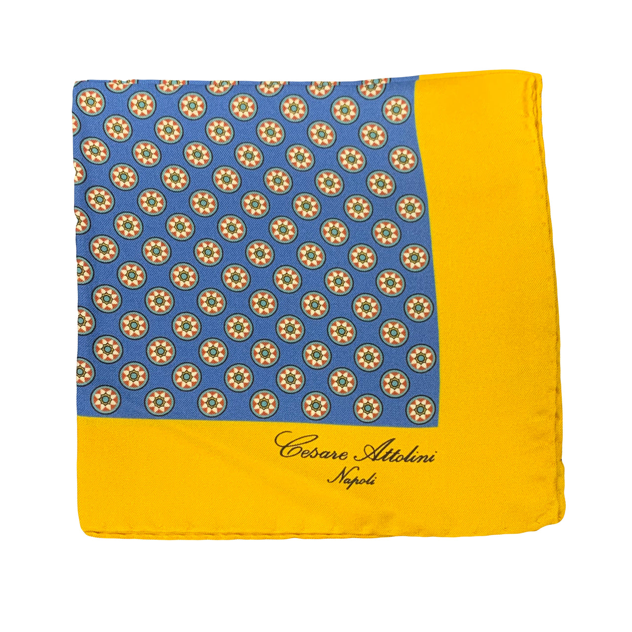 Cesare Attolini Mustard Blue Motif Silk Pocket Square Handmade In Italy