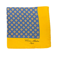 Thumbnail for Cesare Attolini Mustard Blue Motif Silk Pocket Square Handmade In Italy