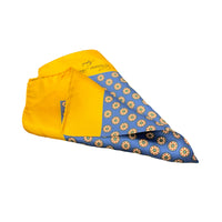 Thumbnail for Cesare Attolini Mustard Blue Motif Silk Pocket Square Handmade In Italy