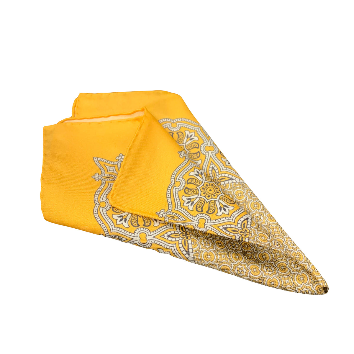 Cesare Attolini Yellow Motif Silk Pocket Square Handmade In Italy
