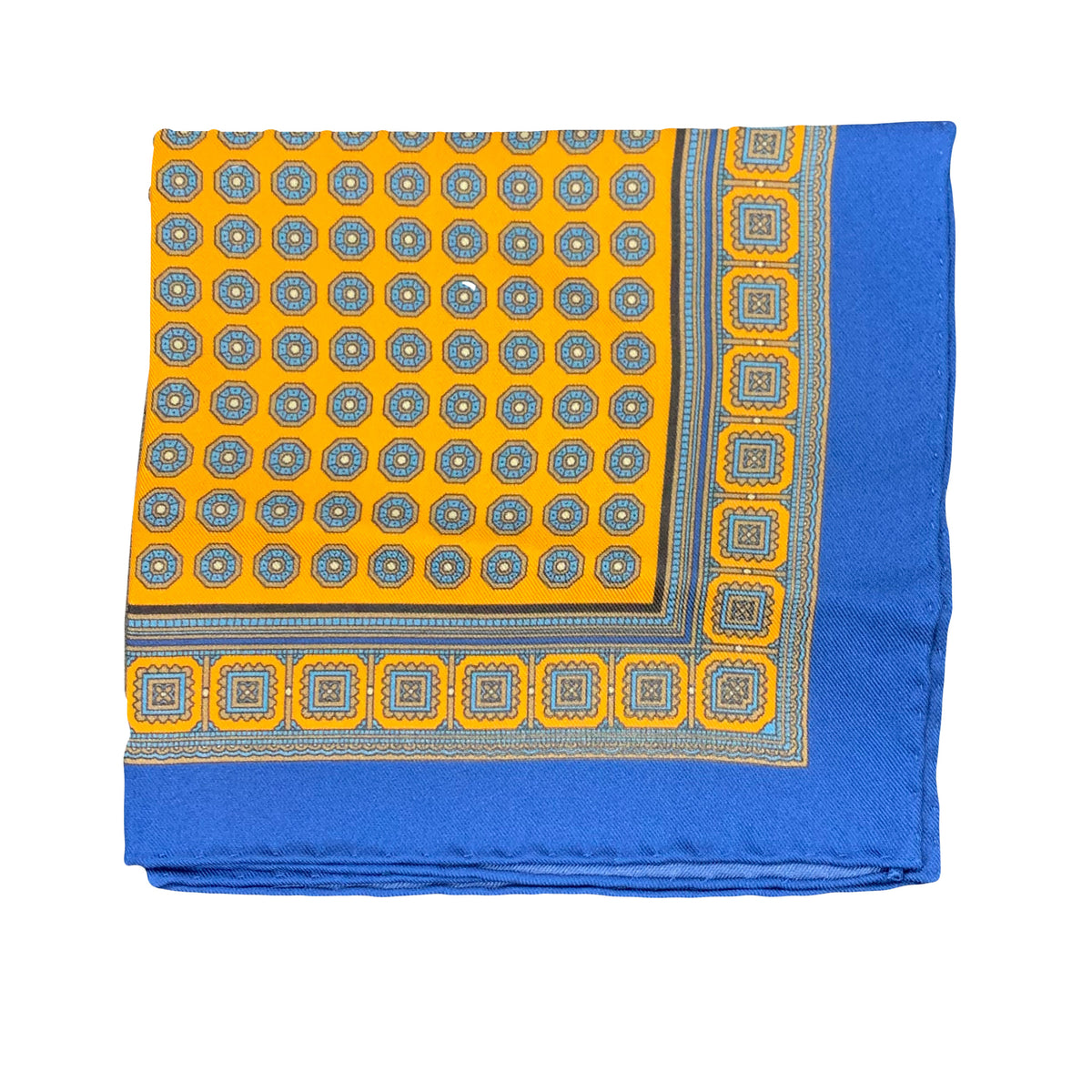 Cesare Attolini Blue Yellow Motif Silk Pocket Square Handmade In Italy