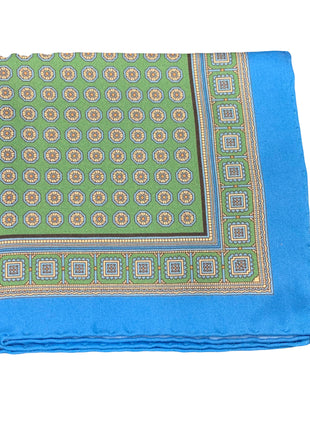 Cesare Attolini Blue Green Motif Silk Pocket Square Handmade In Italy