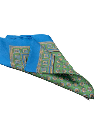 Cesare Attolini Blue Green Motif Silk Pocket Square Handmade In Italy