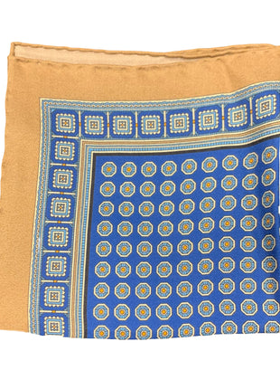 Cesare Attolini Blue Green Motif Silk Pocket Square Handmade In Italy