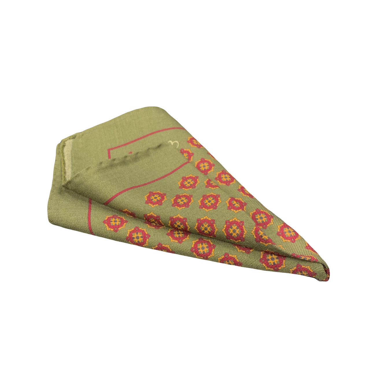 Cesare Attolini Green Motif Silk Pocket Square Handmade In Italy