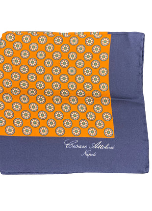 Cesare Attolini Blue Orange Motif Silk Pocket Square Handmade In Italy