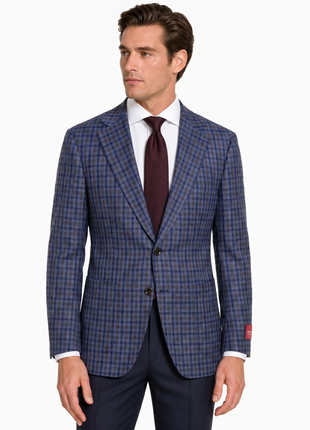 Mazara Mens Blue and Brown Checked Classic Fit Patch Pockets Sportcoat