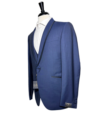 Corneliani Mens Blue With Black Trim Fully-Canvassed Shawl Lapel Classic Fit 3-Piece Wool Blend Tuxedo Suit - 36S - The Suit Depot