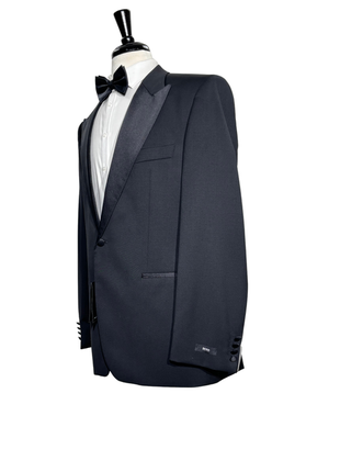 Hugo Boss Mens Solid Black Satin Peak Lapel Classic Fit 1-Button Wool Tuxedo - 42S
