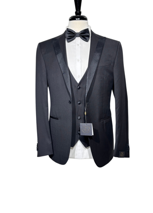 Corneliani Mens Solid Black Fully-Canvassed Satin Split Peak Lapel Slim Fit 3-Piece Wool Tuxedo - 42R