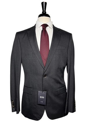 Hugo Boss Mens Charcoal Herringbone Notch Lapel Classic Fit 2-Button Silk Suit - 40R
