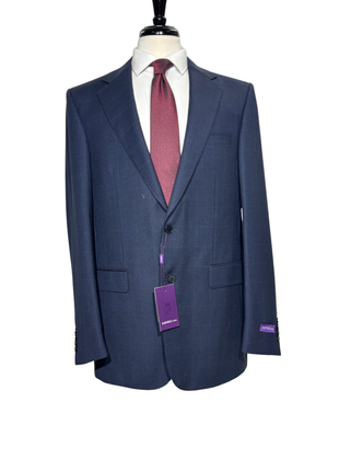 Napoli Slim Fit Navy Blue Plaid Windowpane Two Button Half Canvassed Wool Suit - The Suit Depot