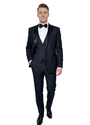Corneliani CC Collection Solid Black Satin Peak Lapel Slim Fit 3-Piece Wool Tuxedo - 40R